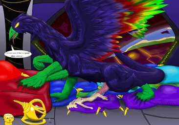 beak bedroom breasts dominant drunk duo erection facepalm feathered_wings feathers female genitals human_on_taur imminent_sex inside interspecies larger_dom larger_male male male/female nude penis size_difference smaller_female space substance_intoxication tail text wings drzed mythology sword_of_the_stars alien avian avian_taur dragon human mammal morrigi mythological_creature mythological_scalie scalie taur english_text hi_res