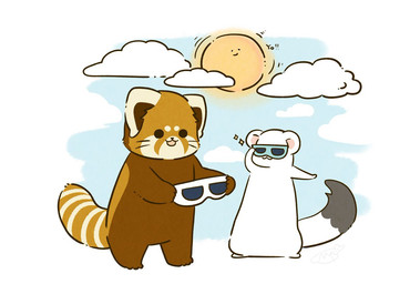 ambiguous_gender biped brown_body brown_fur chibi dot_eyes duo eyewear feral fur simple_eyes sun sunglasses white_body white_fur shi_nominmin ailurid mammal mustelid musteline red_panda stoat true_musteline weasel 2020