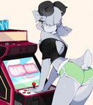 anthro arcade_machine bent_over bottomwear butt clothing curled_horn dolphin_shorts female horn hotpants scut_tail short_tail shorts solo tail text punipaws bovid caprine mammal sheep english_text