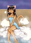 anthro biped black_hair breasts brown_eyes cleavage clothed clothing female hair hot_spring night partially_submerged sitting sky solo star starry_sky steam tail towel towel_only water fio fio_(character) domestic_cat felid feline felis mammal