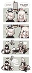 black_body black_fur curled_tail dialogue ellipsis feral front_view fur group hair hair_over_eye machine markings one_eye_obstructed pushing size_difference speech_bubble spots spotted_body spotted_fur tail text whiskers white_body white_fur missaka nier_automata platinumgames pod_042 yorha_2b yorha_9s yorha_a2 canid canine canis domestic_dog felid mammal pantherine robot snow_leopard 2022 absurd_res comic english_text hi_res