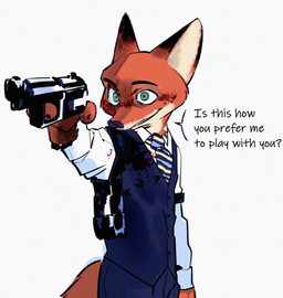 accessory anthro blood bodily_fluids brown_body brown_fur clothed clothing dialogue fingers fur green_eyes gun handgun male multicolored_body multicolored_fur necktie orange_body orange_fur ranged_weapon simple_background solo standing tan_body tan_fur text topwear vest weapon white_background butterfish8199 disney zootopia nick_wilde canid canine fox mammal red_fox true_fox english_text half-length_portrait hi_res portrait