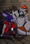 anthro armor cosplay duo eyes_closed female fullbody_suit purple_body sitting sitting_on_ground smile smiling_at_another smiling_at_each_other wall_(structure) tsarinart fullmetal_alchemist hybrid lagomorph leporid mammal rabbit hi_res