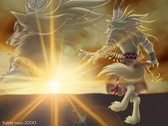 5_fingers accessory anthro armband barefoot biped bracelet claws clothed clothing day digitigrade ear_piercing feather_in_hair feathers feet fingers fur hair hair_accessory jewelry lens_flare loose_feather male native_american on_one_leg orange_eyes outside piercing rear_view sky solo standing sun tail topless white_body white_fur white_hair zoom_layer yoshita_inuno canid canine canis mammal wolf 2000 4:3