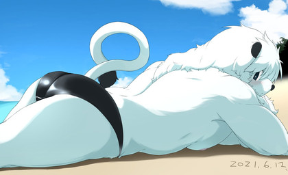 anthro beach black_body black_ears black_eyes black_fur black_nose black_tail blue_clothing blue_sky blue_swimwear butt clothed clothing cloud day fur iris lying male mascot monotone_clothing monotone_swimwear multicolored_ears nipples on_front outside pupils raised_tail seaside side_view sky smile solo speedo swimwear tail topless two_tone_ears two_tone_tail water white_body white_ears white_fur white_pupils white_tail chirasgi nippon_professional_baseball saitama_seibu_lions leo_(saitama_seibu_lions) felid lion mammal pantherine 2021 dated