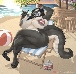 alcohol american_flag_bikini anthro areola ball barbell_piercing beach beach_ball beach_chair beer beverage beverage_can biceps big_breasts bikini black_hair blotchy_areola breasts clothing crossed_legs eyebrow_piercing eyelashes facial_piercing female flag_bikini flag_swimwear footwear hair huge_breasts hyper hyper_breasts inflatable lip_piercing long_eyelashes loose_footwear nipple_outline nipple_piercing nipples non-mammal_breasts non-mammal_nipples piercing piercing_outline sandals scales sea seaside shoe_dangle shoes solo swimwear tail thick_tail thick_thighs tongue tongue_out tongue_piercing two-piece_swimsuit water dullvivid ellie_(dullvivid) alligator alligatorid crocodilian reptile scalie hi_res