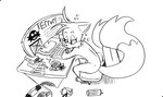 2_tails ambiguous_gender anthro bangs barefoot beverage black_nose book chair computer computer_keyboard electronics error_message eyelashes eyeliner featureless_crotch feet furniture makeup monster_energy_can multi_tail office_chair paper paws pencil_(object) post-it_note solo tail tea tea_bag tired_eyes trash jojo_hernandez eggman_logo monster_energy sega sonic_the_hedgehog_(series) miles_prower canid canine fox mammal hi_res monochrome sketch trans_(lore) trans_woman_(lore)