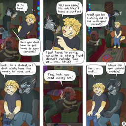 6_panel_comic annoyed anthro arm_on_shoulder ashtray barefoot black_body black_hair black_sclera blonde_hair blue_eyes bottomwear box brown_eyes cheek_tuft cigarette cigarette_in_mouth clothed clothing coffee_table container controller dialogue drugs ears_back facial_tuft feet floppy_ears folded_ears fur furniture grey_body grey_fur grin group hair hands_behind_back hands_on_lap holding_bag holding_controller holding_object holding_remote_control inner_ear_fluff inside logo looking_at_another lying lying_on_sofa male marijuana marijuana_blunt name_in_dialogue nervous object_in_mouth on_sofa page_number pants peace_symbol pivoted_ears profanity red_hair remote_control rude shirt sitting sitting_on_sofa smile smoke smoking smoking_cigarette sofa stuttering sweater t-shirt table tail text topwear trio tuft yellow_body yellow_eyes yellow_fur kriek_wildebeest jeremy_(kriek_wildebeest) ravi_(kriek_wildebeest) tom_(kriek_wildebeest) border_collie canid canine canis collie domestic_dog herding_dog husky hybrid mammal nordic_sled_dog pastoral_dog portuguese_water_dog sheepdog spitz wolf artist_logo comic english_text hi_res multiple_scenes