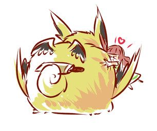 anthro brown_hair chibi curled_tail duo female fur hair heart_symbol hug long_ears male melee_weapon size_difference sword tail weapon winged_arms wings yellow_body yellow_fur roichi404 bandai_namco digimon digimon_ghost_game ruri_tsukiyono digimon_(species) human lamortmon mammal monster