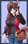 anthro belt blue_background bodily_fluids bottomwear brown_body brown_fur brown_hair clothing denim denim_bottomwear denim_clothing dialogue digestion duo extreme_size_difference female fur green_eyes hair hard_vore horn inside_stomach internal jacket jeans licking licking_lips male male/female micro pants shirt simple_background size_difference speech_bubble standing stomach_acid text tongue tongue_out topwear vore white_body allsonwa mythology domestic_cat dragon felid feline felis mammal mythological_creature mythological_scalie scalie absurd_res english_text hi_res