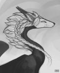 2017 braided_hair digital_media_(artwork) dragon feral hair hi_res horn iovin monochrome mythological_creature mythological_scalie mythology scalie sketch smile solo white_hair