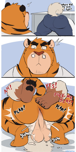 anal anal_penetration anthro anthro_on_anthro anthro_penetrated anthro_penetrating anthro_penetrating_anthro ass_up backsack balls bareback barefoot bent_over big_balls big_butt big_muscles blush bodily_fluids bottomwear breath butt claws clothed clothed/nude clothing countershading crouching cum cum_in_ass cum_inside cum_splatter denim denim_bottomwear denim_clothing desk dialogue duo emanata eyebrows facial_hair feet from_front_position fur furgonomics furniture genital_fluids genitals inside jeans looking_at_butt male male/male male_on_bottom male_on_top male_penetrated male_penetrating male_penetrating_male mating_press motion_lines muscular muscular_anthro muscular_male nude on_bottom on_top pants pawpads penetration penile penile_penetration penis_in_ass perineum profanity saggy_balls sex shirt simple_background soles sound_effects standing stubble table text thrusting topwear tuft vitashi instant_loss_2koma canid canine canis domestic_dog felid mammal pantherine tiger 2022 absurd_res comic english_text hi_res multiple_scenes url