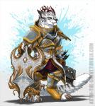 4_ears anthro armor claws fangs female flat_chested fluffy fluffy_tail fur horn mace mane melee_weapon multi_ear plate_armor red_eyes shield simple_background solo tail teeth weapon white_body white_fur blackchaos666 guild_wars charr felid mammal hi_res