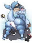 anthro big_breasts biped blue_body blush breasts butt eyelashes feet female huge_breasts looking_back open_mouth pawpads paws pupils smile soles thick_thighs toes boingfarm nintendo pokemon eeveelution generation_1_pokemon generation_9_pokemon pokemon_(species) vaporeon wiglett absurd_res hi_res