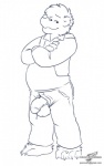 anthro balls barefoot biped bodily_fluids clothing crossed_arms dripping feet flaccid foreskin genital_fluids genitals looking_at_viewer male overalls penis penis_poking_out penis_through_fly precum slightly_chubby smile solo standing text wolfblade berenstain_bears papa_bear bear mammal digital_media_(artwork) line_art monochrome signature url