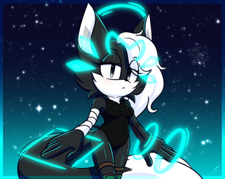bandage big_breasts bigtail black_eyes bodysuit breasts chest_fur clothing female hair multicolored_body simple_background skinsuit solo squish star thick_thighs thigh_squish tight_clothing white_hair xxkenthewolfxx sega sonic_the_hedgehog_(series) fan_character canid canine canis jackal mammal absurd_res hi_res