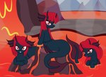 blue_bosy ear_fins eyeshadow female feral fin group hair horn lava looking_at_viewer makeup red_eyes red_eyeshadow red_hair trio badumsquish hasbro my_little_pony demon demon_pony equid equine horse mammal merpony monster pony hi_res