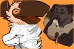 ambiguous_gender anthro anthro_on_anthro beak brown_beak brown_body brown_fur cheek_tuft cutaway duo eyes_closed facial_tuft fur head_tuft horizontal_pupils kissing male male/male neck_tuft open_mouth orange_background orange_eyes pupils simple_background tan_body tan_fur tuft 0ct0m0n0 avian felid mammal species_request hi_res multiple_images