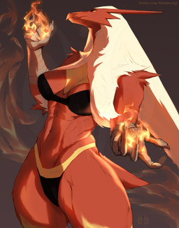 5_fingers anthro athletic athletic_female black_bra black_clothing black_underwear bra breasts claws clothing curvy_figure female female_anthro finger_claws fingers fire grey_background medium_breasts navel panties pokemorph red_body simple_background sketchy solo standing tail text thick_thighs underwear wide_hips yellow_sclera vexstacy nintendo pokemon blaziken generation_3_pokemon pokemon_(species) 2024 digital_media_(artwork) hi_res url watermark