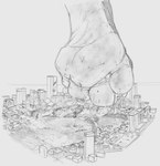 4_toes anthro barefoot big_feet city city_destruction destruction feet foot_focus fur giga huge_feet landscape_dwarfing macro male solo stomping toes walking perenthis holly_(perenthis) lagomorph leporid mammal rabbit hi_res monochrome