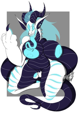 2_mouths anthro big_breasts bioluminescence breasts claws fangs female glowing glowing_eyes glowing_nipples glowing_tongue horn large_paws long_tail long_tongue multi_eye multi_mouth nipples nude nude_female pointy_ears solo tail teeth tongue wide_hips ecn demon absurd_res hi_res