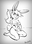 absurd_res anthro bandanna breasts bun_butts feet female freckles greyscale hi_res kerchief kneeling lagomorph leporid looking_at_viewer mammal monochrome on_ground pinup pose rabbit simple_background smile smiling_at_viewer solo