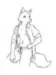 abs anthro bottomwear clothed clothing collared_shirt drawstring drawstring_pants dress_shirt fur hand_on_hip hand_on_own_hip humanoid_hands male navel open_clothing open_shirt open_topwear pants pecs rolled_up_sleeves shirt simple_background snout solo tail topwear kestral_(artist) canid canine canis mammal wolf 2002 black_and_white line_art monochrome