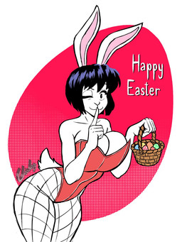anthro basket black_eyes black_hair breasts butt clothing container ears_up easter_basket easter_egg egg eyebrows eyelashes female fishnet_clothing fishnet_legwear fur hair holidays legwear looking_at_viewer one_eye_closed scut_tail short_tail smile smiling_at_viewer solo tail text white_body white_fur wink winking_at_viewer chisheq easter easter_bunny lagomorph leporid mammal rabbit hi_res