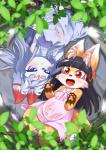 anthro bangs belly black_hair blunt_bangs brown_eyes chest_tuft clothing countershading dipstick_ears duo ear_markings female fur hair hime_cut inner_ear_fluff kemono leg_markings long_hair lying markings multicolored_ears on_back open_mouth outside partially_submerged plant purple_eyes semi-anthro short_legs socks_(marking) tree tuft water wet white_body white_fur white_hair yellow_body young young_anthro ukan_muri otsune sakame_(ukan_muri) tsune-hime canid canine fox mammal