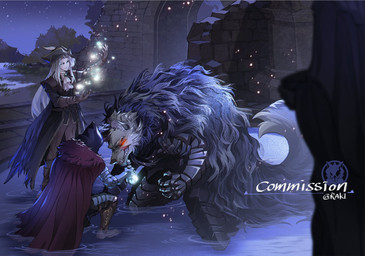 anthro armor cape clothing female group male potion_bottle red_eyes raki0v0 elden_ring fromsoftware blaidd_(elden_ring) tarnished_(elden_ring) canid canine canis human mammal wolf hi_res