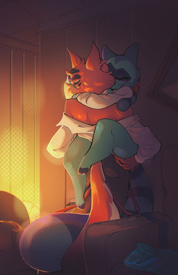 5_fingers anthro anthro_on_anthro blue_body blue_fur bottomless bottomless_anthro bottomless_female butt clothed clothed_anthro clothed_female clothed_male clothing duo eyes_closed female fingers fur hug humanoid_hands interspecies interspecies_romance kissing male male/female off_shoulder red_body red_fur romantic romantic_ambiance romantic_couple tail thick_thighs squiderdoodle cazadora_(rentonreverb) dandy_(rentonreverb) canid canine canis coyote mammal procyonid raccoon hi_res