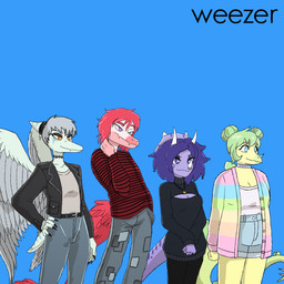 3_horns alternate_costume alternate_hairstyle amber_eyes anthro back_spikes big_tail black_clothing black_jacket black_sweater black_topwear blue_eyes bone_frill bottomwear breasts choker claws cleavage_cutout clothing cutout denim denim_bottomwear denim_clothing denim_shorts double_bun eyelashes eyeshadow facial_horn facial_piercing feathered_tail feathered_wings feathers female finger_claws frill_(anatomy) green_hair grey_body grey_eyeshadow grey_hair grey_scales group hair hair_bun hand_in_pocket hand_on_hip hand_on_own_hip horn jacket jeans jewelry leather leather_clothing leather_jacket leather_topwear long_hair long_sleeve_shirt long_tail makeup male multi_horn multicolored_body multicolored_scales necklace nose_horn nose_piercing nose_ring pants patch_(fabric) pattern_clothing pattern_shirt pattern_topwear piercing pink_body pink_scales pockets purple_body purple_eyes purple_hair purple_scales red_body red_feathers red_hair ring_piercing scales shirt short_hair short_tail shorts smile snout spiked_tail spikes spikes_(anatomy) striped_clothing striped_shirt striped_topwear stripes sweater tail topwear two_tone_body two_tone_scales wings yellow_body yellow_scales jauntyweb cavemanon_studios goodbye_volcano_high ko_op_(game_developer) snoot_game weezer weezer_(blue_album) fang_(gvh) reed_(gvh) stella_(gvh) stella_(gvh_beta) trish_(gvh) ceratopsian ceratopsid chasmosaurine dinosaur dromaeosaurid feathered_dinosaur feathered_scalie marginocephalian ornithischian prehistoric_species pterosaur reptile saurischian scalie stegosaurian stegosaurus theropod thyreophoran triceratops velociraptor 1:1 2024 album_cover cover digital_drawing_(artwork) digital_media_(artwork) hi_res