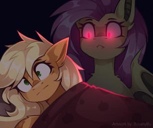 :i bed blonde_hair duo fangs female feral fur furniture glowing glowing_eyes green_eyes hair membrane_(anatomy) membranous_wings pink_hair red_eyes tan_body tan_fur teeth under_covers wings yellow_body yellow_fur buvanybu friendship_is_magic hasbro my_little_pony applejack_(mlp) flutterbat_(mlp) fluttershy_(mlp) bat_pony earth_pony equid equine horse mammal pony hi_res