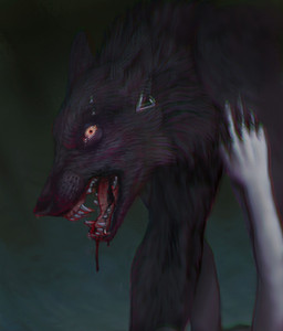 ambiguous_gender anthro black_body black_fur black_lips black_nose blood blood_from_mouth blood_in_mouth bodily_fluids cheek_tuft duo ear_piercing eyebrow_piercing facial_piercing facial_tuft fangs fur grey_body lip_piercing lip_ring lips open_mouth piercing pupils ring_piercing small_pupils solo_focus teeth tuft unsigned himeragoldtail mythology canid canine mammal mythological_canine mythological_creature werecanid werecanine werecreature werewolf 2017 chromatic_aberration hi_res