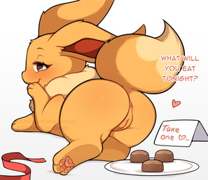 anus brown_body brown_fur butt candy chocolate dessert dialogue dipstick_tail eyebrows eyelashes feet female female_feral feral food fur genitals heart_symbol looking_at_viewer looking_back looking_back_at_viewer markings pawpads simple_background solo tail tail_markings talking_to_viewer text toes vulva white_background seviyummy nintendo pokemon eevee generation_1_pokemon pokemon_(species) 2026 digital_media_(artwork) english_text