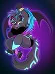 5_fingers 6_horns anthro bent_legs big_breasts black_background black_bottomwear black_clothing black_crop_top black_eyebrows black_hair black_hooves black_hotpants black_shirt black_shorts black_topwear black_wings blue_claws blue_eyes blue_hair blue_horn blue_inner_ear blue_markings blue_nose blue_sash blue_teeth blue_wings bottomwear bracelet breasts cheek_tuft claws cleavage clothed clothing cloven_hooves collar crop_top eyebrows eyelashes facial_horn facial_piercing facial_tuft female female_anthro finger_claws fingers fist fluffy fluffy_tail fur fur_markings glowing glowing_body grey_body grey_fur hair heterochromia hooves horn hotpants jewelry light long_tail markings membrane_(anatomy) membranous_wings midair multi_horn multicolored_body multicolored_fur nose_horn nose_piercing piercing pink_eyes pink_horn pink_markings pink_teeth raised_fist raised_hand sash sharp_teeth shirt short_hair shorts simple_background solo spiked_bracelet spiked_collar spikes tail tail_markings teeth thick_eyebrows thick_thighs topwear tuft two_tone_tail wings yellow_bracelet yellow_collar yellow_sclera beastofeuthanasia eutanasia_(beastofeuthanasia) canid canine canine_demon demon mammal 2023 colored digital_drawing_(artwork) digital_media_(artwork) english_description hi_res lighting shaded