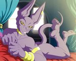 5_toes anthro armband bed bedding bedding_background bracelet butt detailed_background feet furniture grin hairless humanoid_feet inside jewelry looking_at_viewer lying male nude on_bed on_front plantigrade smile soles solo toes foot_ninja15 dragon_ball dragon_ball_super dragon_ball_z beerus domestic_cat felid feline felis hairless_cat mammal sphynx_(cat) hi_res