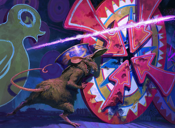 ambiguous_gender anthro beam biped brown_body brown_fur buckteeth can carnival_game cheat clothing container curled_tail directional_arrow fur hat headgear headwear pushing sneaky solo tail teeth tin_can unusual_clothing unusual_hat unusual_headwear whiskers filipe_pagliuso hasbro magic:_the_gathering wizards_of_the_coast anatid anseriform avian bird duck mammal murid murine rat rodent 2022 hi_res official_art