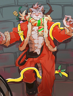 abs anthro bell clothed clothing drunk holidays holly_(plant) lying male open_clothing pawpads plant solo street substance_intoxication tired azifray christmas cygames world_flipper nimbus_(world_flipper) felid mammal pantherine tiger hi_res