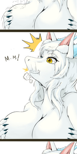 accidental_vore ambiguous_gender anthro anthro_pred big_breasts biped bouncing breasts claws collarbone dialogue duo extreme_size_difference female female_pred fur hair happy heterochromia holding_breast inner_ear_fluff larger_female motion_lines neck_bulge oral_vore shocked simple_background size_difference size_play smaller_ambiguous snout speech_bubble swallowing text tuft vore white_background white_body white_fur white_hair son2j mythology dragon furred_dragon furred_scalie mythological_creature mythological_scalie scalie 2018 absurd_res comic digital_media_(artwork) english_text hi_res long_image tall_image