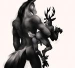 2014 anthro antlers anus backsack balls bound butt carrying_another cloven_hooves deer duo equid equine flaccid genitals half-erect hooves horn horse klongi looking_down male mammal monochrome muscular nude penis rear_view rope shocked size_difference tragelaphus
