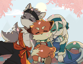 anthro cherry_blossom cherry_blossom_tree cherry_tree clothing eyes_closed female flower fruit_tree fur green_body green_scales grey_body grey_fur group hair male multicolored_body multicolored_fur orange_body orange_fur outside plant prunus_(flower) scales sky sleeping tree trio two_tone_body two_tone_fur white_hair lpemniii threefold_recital_(game) taiqing_(threefold_recital) transia_(threefold_recital) triratna_(threefold_recital) canid canine canis fox mammal reptile scalie snake wolf hi_res