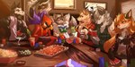 alcohol anthro beverage card food group male playing_card poker poker_chip poker_table chalk_outline avian bird canid canine cardinal_(bird) felid feline fox mammal oscine passerine procyonid raccoon absurd_res hi_res