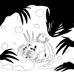 8_eyes ambiguous_gender antennae_(anatomy) biped black_eyes bodily_fluids closed_smile eyelashes eyes_closed female fur group looking_at_another mouth_closed multi_eye smile sweat sweatdrop white_eyes osakana2gou hollow_knight_(franchise) team_cherry grimm_(hollow_knight) joni_(hollow_knight) pale_king_(hollow_knight) radiance_(hollow_knight) shade_lord_(hollow_knight) unn_(hollow_knight) arthropod gastropod insect lepidopteran mollusk moth shadow_creature slug 1:1 monochrome male_(lore)