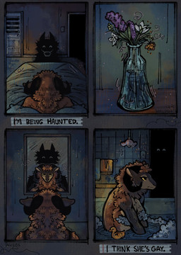 anthro bathing bathroom bed bedroom being_watched black_body breasts brown_body brown_fur creepy_face creepy_smile duo female female/female flower fur furniture horn horror_(theme) inside looking_at_another mirror nightmare_fuel plant presenting reflection rubber_duck size_difference smile suds text towel voyeur waking_up wool_(fur) inwindsart bovid canid canine caprine demon ghost mammal sheep spirit comic english_text hi_res