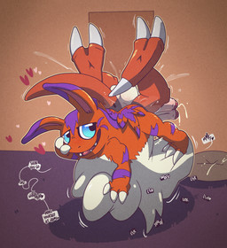 abdominal_bulge anal anal_vore balls blue_eyes deep_rimming ejaculation frottage genitals head_first heart_symbol living_insertion male male/male oral penetration penile penis penises_touching ridiculous_fit rimming sex size_difference smaller_pred tongue vore argon_vile bandai_namco digimon digimon_(species) elecmon guilmon hi_res