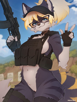 ak_platform anthro biped breasts claws clothed clothed_anthro clothed_female clothing cloud countershade_torso countershading day eyewear female fingers front_view fur genitals glasses gun hair looking_at_viewer navel outside ranged_weapon rifle sky smile standing tail vulva weapon amarihel lorna_(sevenn) canid canine canis mammal wolf 2026 digital_drawing_(artwork) digital_media_(artwork) hi_res
