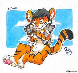 anthro black_hair black_stripes blue_sky closed_smile cloud featureless_crotch front_view fur hair hug hugging_object hugging_plushie logo male markings mouth_closed nude orange_body orange_fur pawpads pink_nose pink_pawpads plushie short_hair sitting sky smile solo striped_arms striped_body striped_fur striped_legs striped_markings striped_tail stripes tail tail_markings white_body white_fur yellow_eyes young young_anthro young_male pandapaco felid mammal pantherine tiger 2020 artist_logo signature