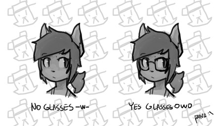:/ accessory anthro clothed clothing comparison emoticon eyewear female glasses hair_accessory hair_tie looking_aside looking_at_viewer looking_offscreen mouth_closed owo pattern_background simple_background solo text panzery25 eri_washington_(panzery25) canid canine fox mammal 2017 digital_media_(artwork) english_text greyscale hi_res monochrome signature