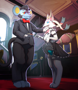 anthro anthrofied black_body black_fur black_nose blue_body blue_clothing blue_fur blue_underwear bodily_fluids bow_tie bulge butler clothed clothing detailed_background drooling duo fur hypnosis maid_uniform male mansion mind_control multicolored_body multicolored_fur panties panties_bulge pink_body pink_fur pokemorph red_bow_tie ringed_eyes saliva suit_and_tie underwear uniform white_body white_fur sexotheque nintendo pokemon jordan_shinespark lukos eeveelution generation_4_pokemon generation_6_pokemon luxray pokemon_(species) sylveon 2025 absurd_res digital_media_(artwork) hi_res